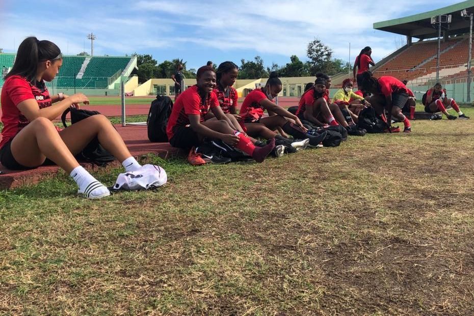 Members of the T&T Women's squad getting ready for their first training session yesterday in Santo Domingo, Dominica Republic.