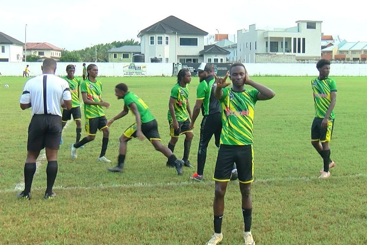 Signal Hill’s Kyle James celebrates his third goal against Trinity College East in the Premiership Division of the Secondary Schools Football League in Trincity on Thursday, September 12th 2024. Signal Hill won 3-2.