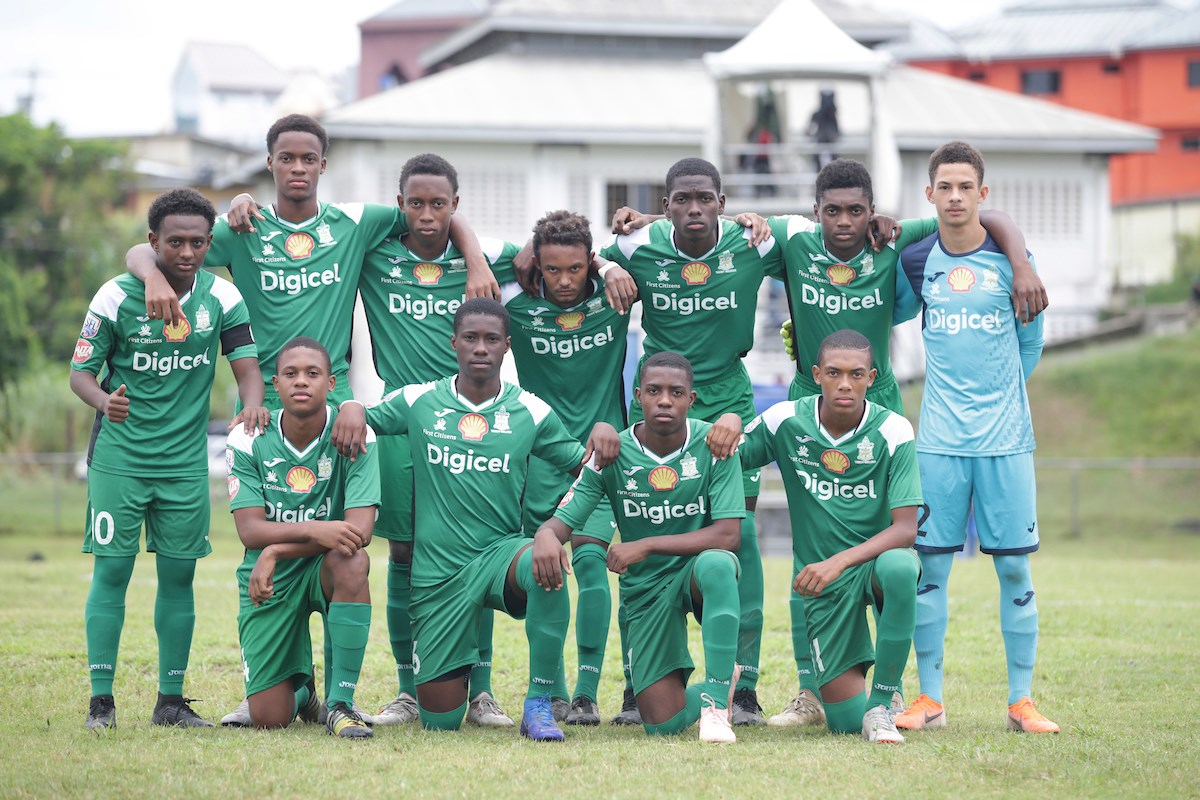 Trinity College Moka's starting eleven pose for a team photo before facing Pleasantville Secondary School at Yolande Pompey Recreation Ground, Princes Town on September 19th 2019