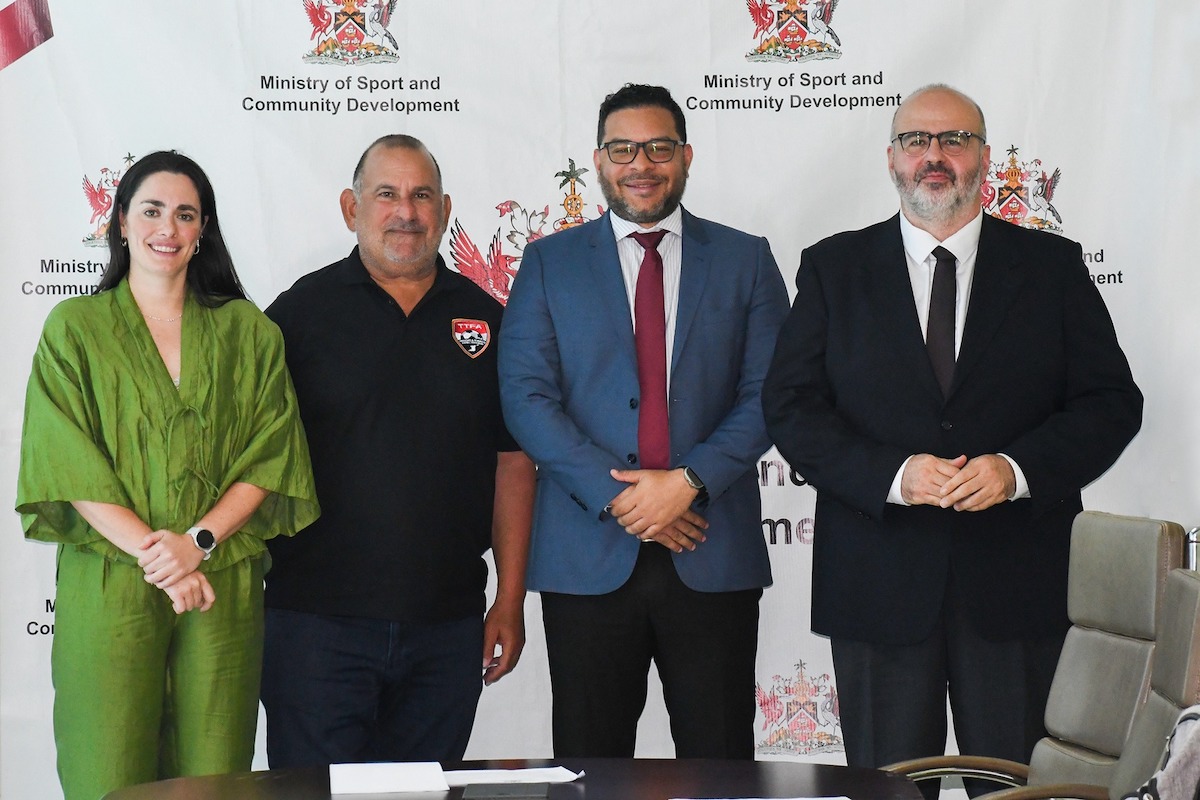 TTFA Normalisation Committee Chairman Robert Hadad, second from left, with FIFA officials Sofia Malizia, left, Nodar Akhalkatsi, right, and acting Minister of Sport Randall Mitchell, at the ministry, Port of Spain on Wednesday, October 25th 2023.