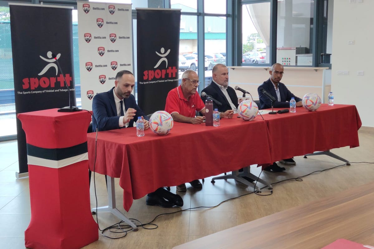 The launch of the Elite League at the National Racquet Centre, on November 8, 2022. From left to right: CONCACAF official Jonathan Martinez; Douglas Camacho, chairman of the Sports Company of Trinidad and Tobago; Robert Hadad, chairman of the FIFA-appointed Normalisation Committee; Herve Blanchard, FIFA Regional Office Development Manager;