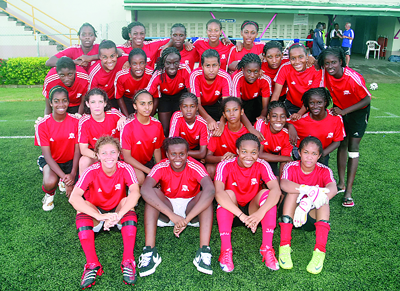Members of the T&T U-17 women’s football team at the Marvin Lee Stadium, Macoya.