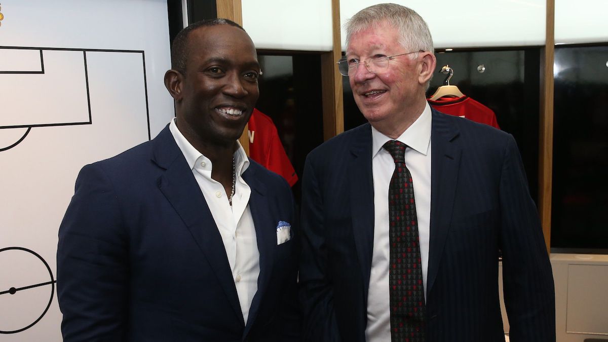 Dwight Yorke of Manchester United '99 Legends chats to Manchester United '99 Legends Manager Sir Alex Ferguson in the dressing room prior to the 20 Years Treble Reunion match between Manchester United '99 Legends and FC Bayern Legends at Old Trafford on May 26, 2019 in Manchester, England. (Photo by John Peters/Manchester United via Getty Images)