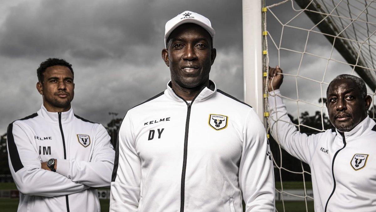 Dwight Yorke and his assistants at Macarthur FC, Russell Latapy (right) and James Meredith, are bucking a global trend against people of colour in key off-field sporting roles. PHOTO CREDIT: Wolter Peeters