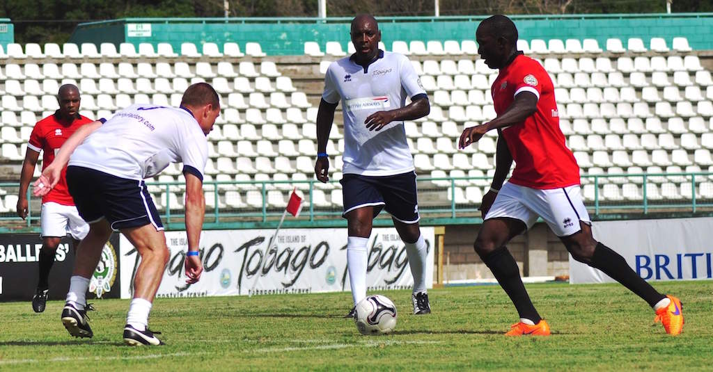 Representing Man Utd, Tobago’s Dwight Yorke in action at the 2015 British Airways Tobago Legends Classic, held in the sister isle on June 20-21. --Photo: Ian Prescott.
