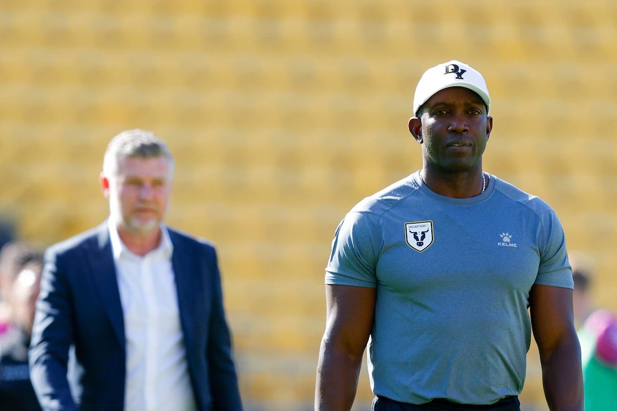Coaches Dwight Yorke of Macarthur FC (R) and Ufuk Talay of the Phoenix leave the field after the round five A-League Men's match between Wellington Phoenix and Macarthur FC at Sky Stadium, on November 06, 2022, in Wellington, New Zealand. (Photo by Hagen Hopkins/Getty Images)